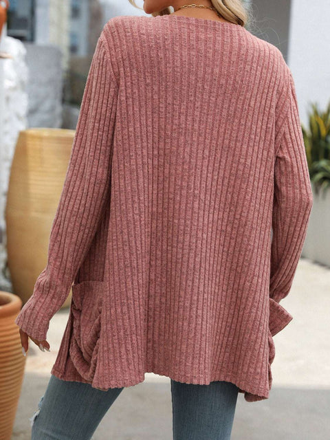 Open-Front Ribbed Cardigan in mauve, featuring a soft ribbed texture and relaxed fit, perfect for layering.