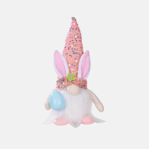 Easter Sequin Gnome Hat with pink sequins and bunny ears, festive holiday decoration.