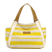 Stylish yellow and white striped One-Shoulder Tote with brown handles, perfect for versatile daily use.