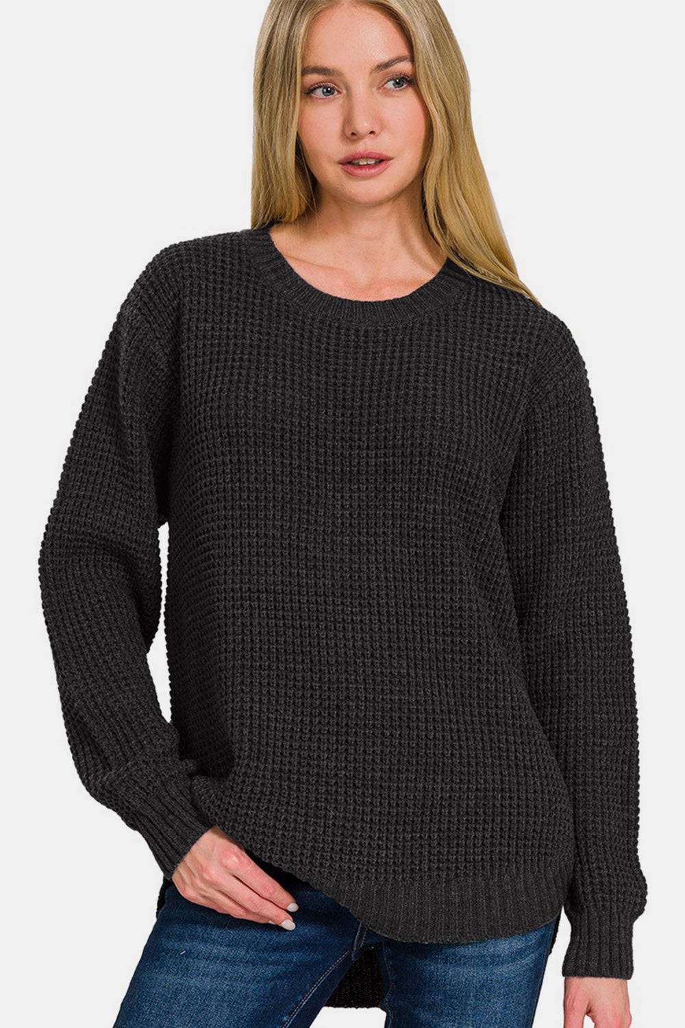 Zenana High Low Waffle Sweater