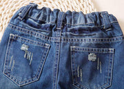 European style boys ripped jeans with elastic waistband and distressed back pockets.