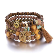 Boho Wooden Stretch Bracelet with polished wooden beads and bohemian style charms.