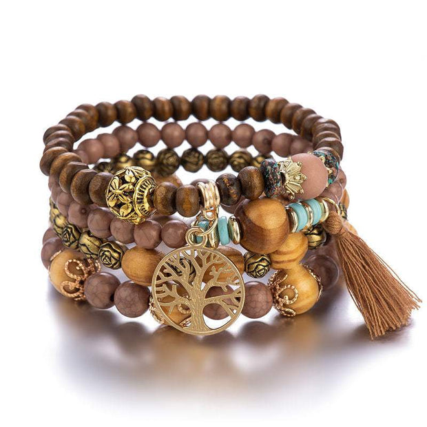 Boho Wooden Stretch Bracelet with polished wooden beads and bohemian style charms.