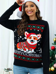 Woman wearing black Christmas round neck sweater with festive corgi design and Santa hat