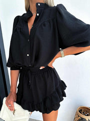 Cotton Linen Shirt Outfit in black with relaxed fit and button-down design.