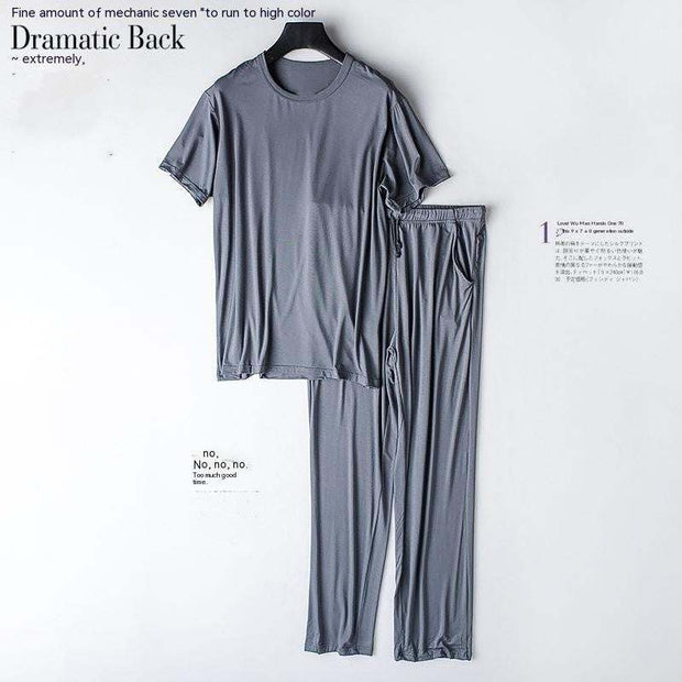 Gray two piece home wear suit with short sleeve top and long pants, perfect for comfort and style.