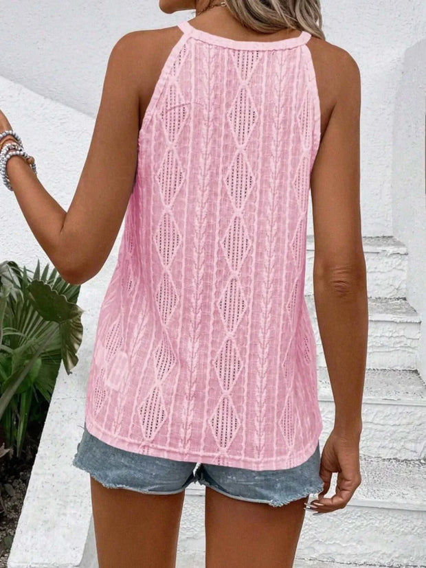 Textured round neck tank in pink with intricate fabric texture, paired with denim shorts.