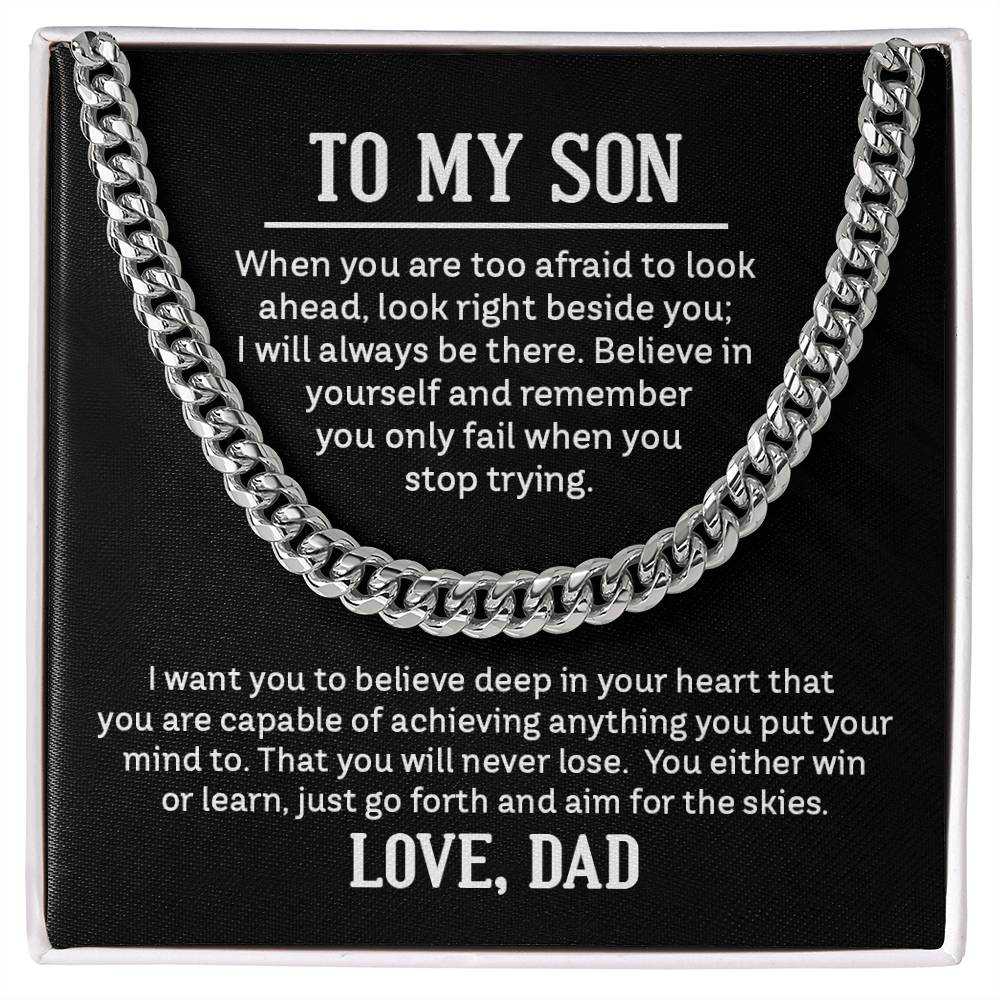 Cuban Link Chain Necklace for Son from Dad in polished stainless steel, adjustable length, showcased in stylish packaging