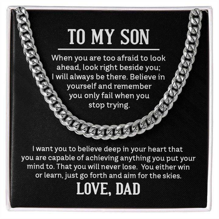 Cuban Link Chain Necklace for Son from Dad in polished stainless steel, adjustable length, showcased in stylish packaging