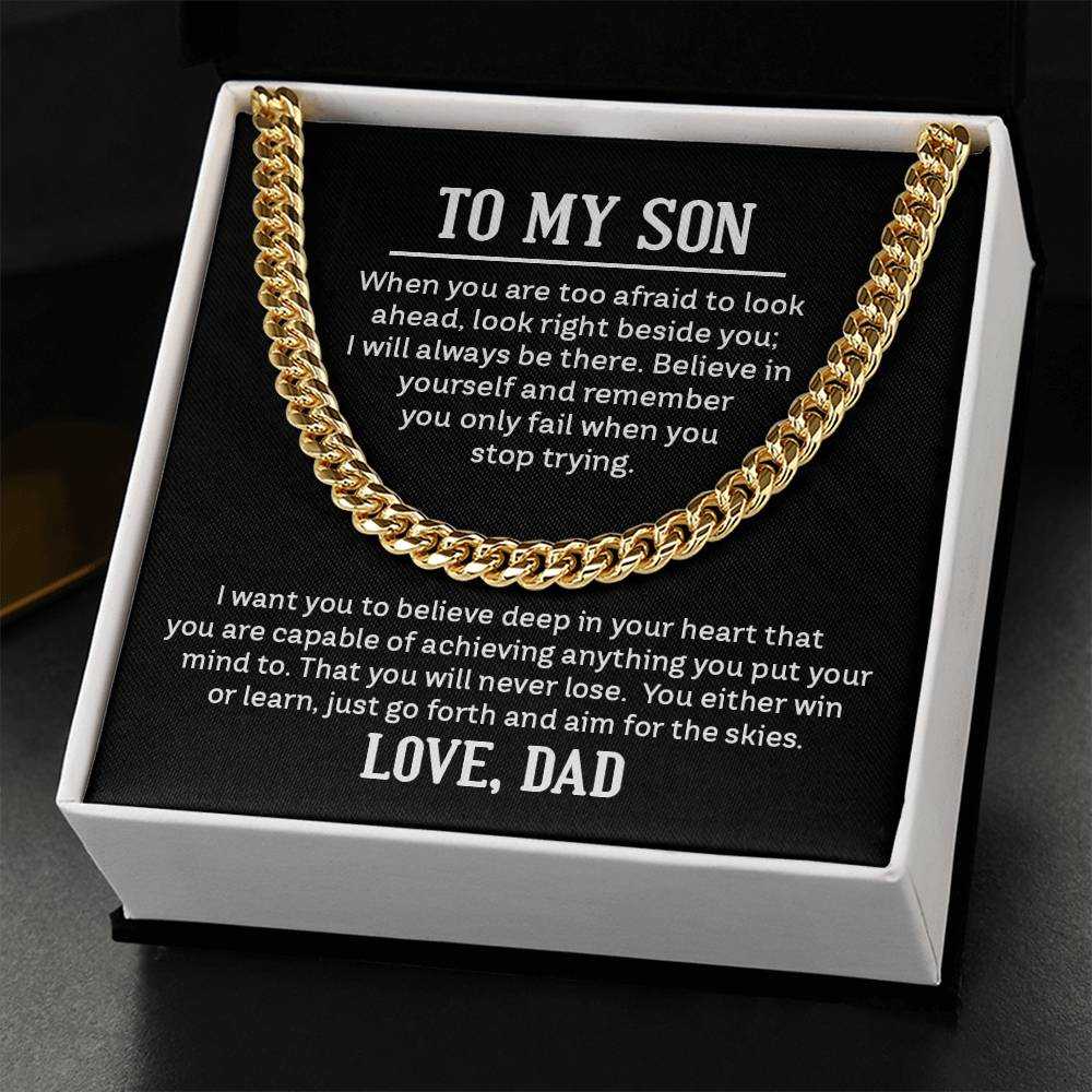 Cuban Link Chain Necklace for Son from Dad in polished gold and stainless steel displayed in a gift box