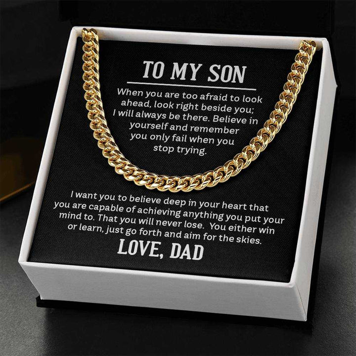 Cuban Link Chain Necklace for Son from Dad in polished gold and stainless steel displayed in a gift box