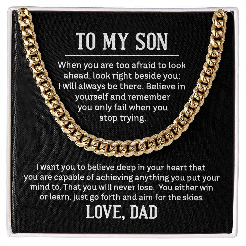 Cuban Link Chain Necklace for Son from Dad in polished stainless steel displayed on black velvet background
