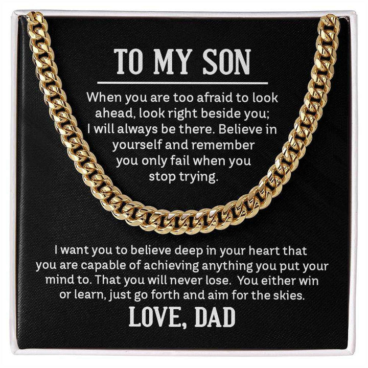 Cuban Link Chain Necklace for Son from Dad in polished stainless steel displayed on black velvet background
