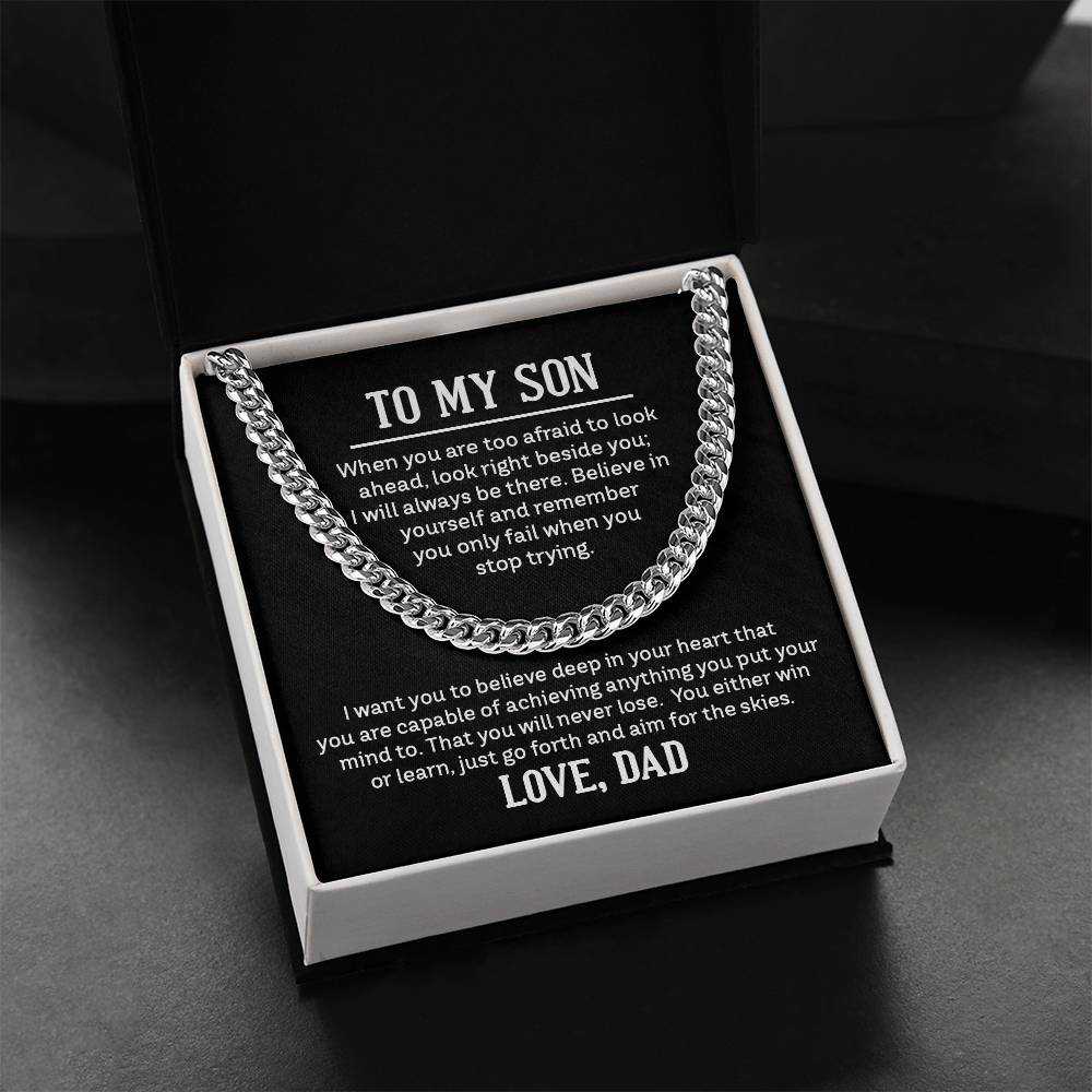 Cuban Link Chain Necklace for Son from Dad in polished stainless steel displaying bold interlocking links