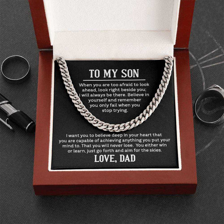 Cuban Link Chain Necklace for Son from Dad in polished stainless steel displayed with gift box