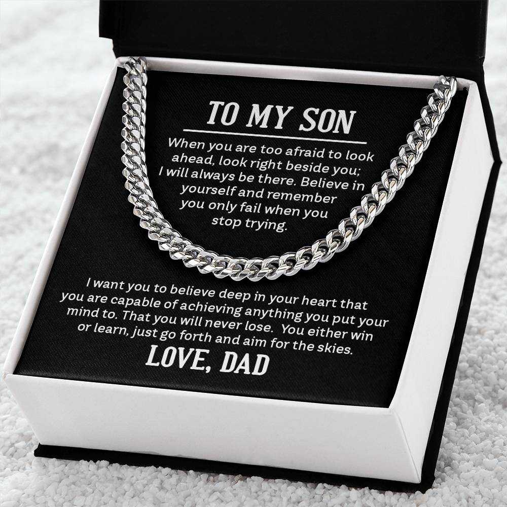 Cuban Link Chain Necklace for Son from Dad in polished stainless steel, showcasing bold interlocking links and adjustable length for a meaningful father&