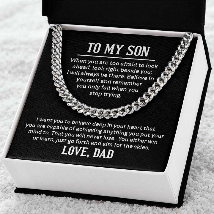 Cuban Link Chain Necklace for Son from Dad in polished stainless steel, showcasing bold interlocking links and adjustable length for a meaningful father&