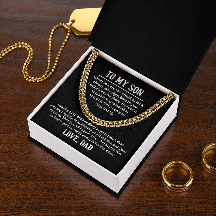 Cuban Link Chain Necklace for Son from Dad in polished stainless steel, adjustable length, stylish masculine jewelry gift