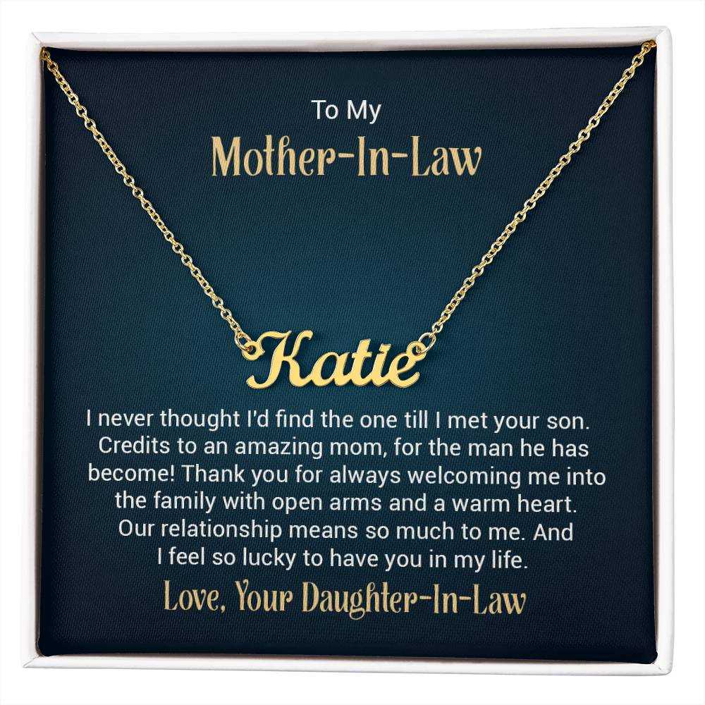 Personalized custom name necklace for mother-in-law in elegant gold finish on adjustable chain