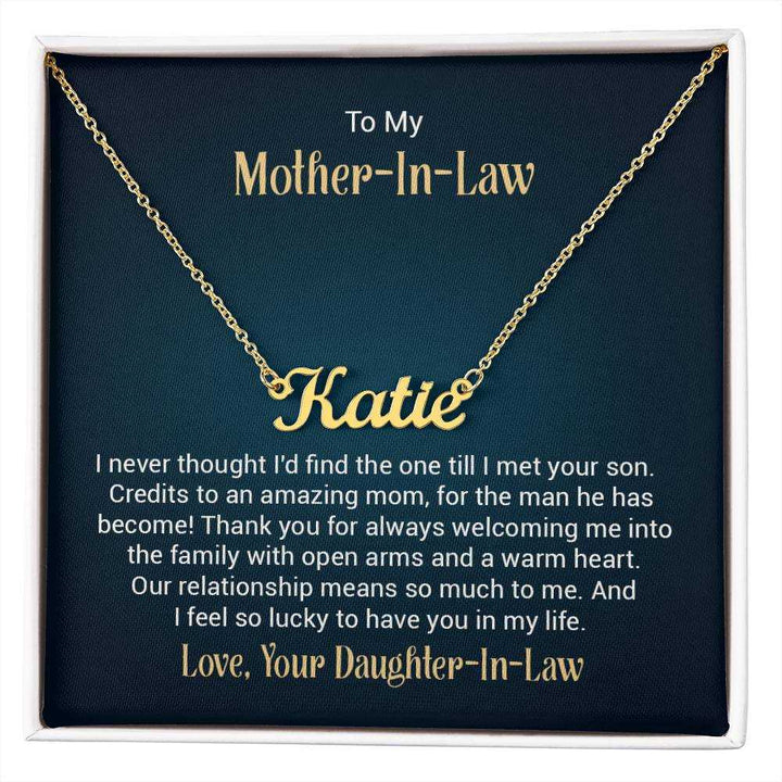 Personalized custom name necklace for mother-in-law in elegant gold finish on adjustable chain