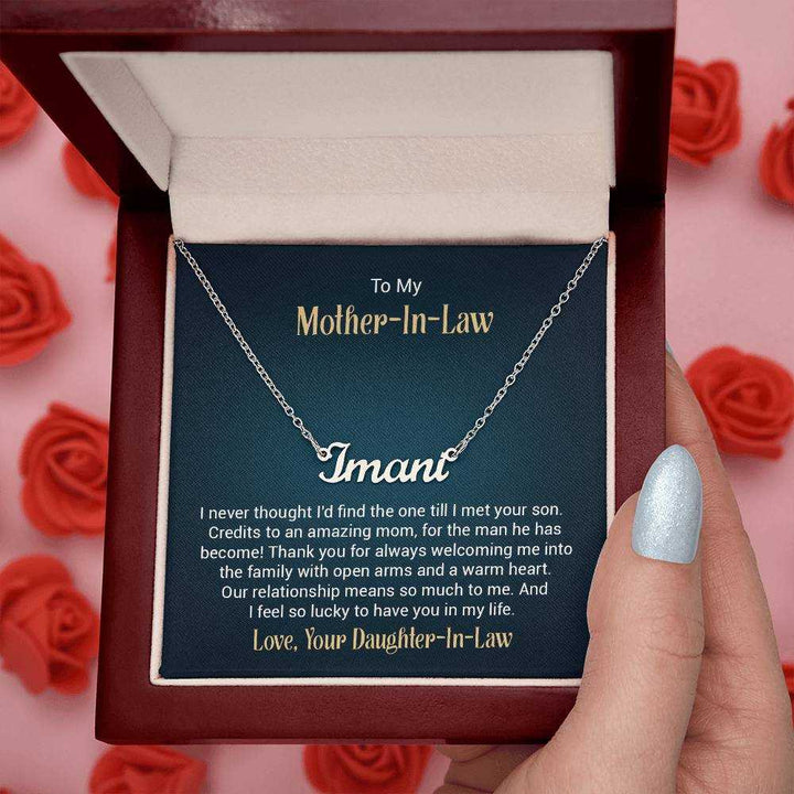 Personalized custom name necklace for mother-in-law in elegant stainless finish with adjustable chain from Hot Topic Goods