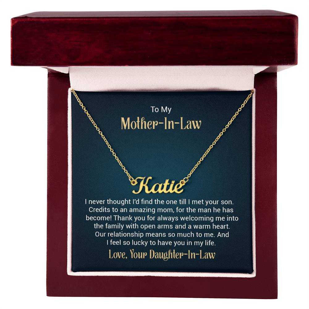 Personalized custom name necklace for mother-in-law in elegant gold finish with adjustable chain from Hot Topic Goods