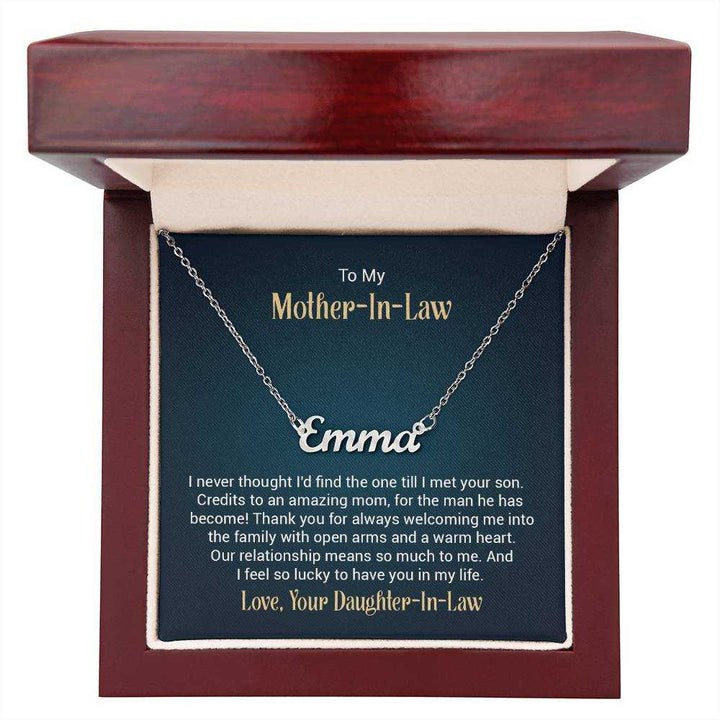 Personalized custom name necklace for mother-in-law in elegant stainless finish with adjustable chain from Hot Topic Goods