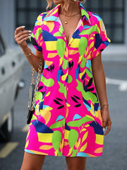 Floral Print Short Sleeve Shirt Dress with vibrant colors and button-down front.