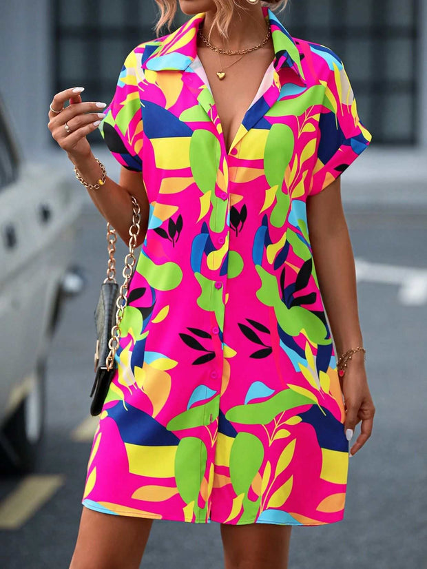 Floral Print Short Sleeve Shirt Dress with vibrant colors and button-down front.