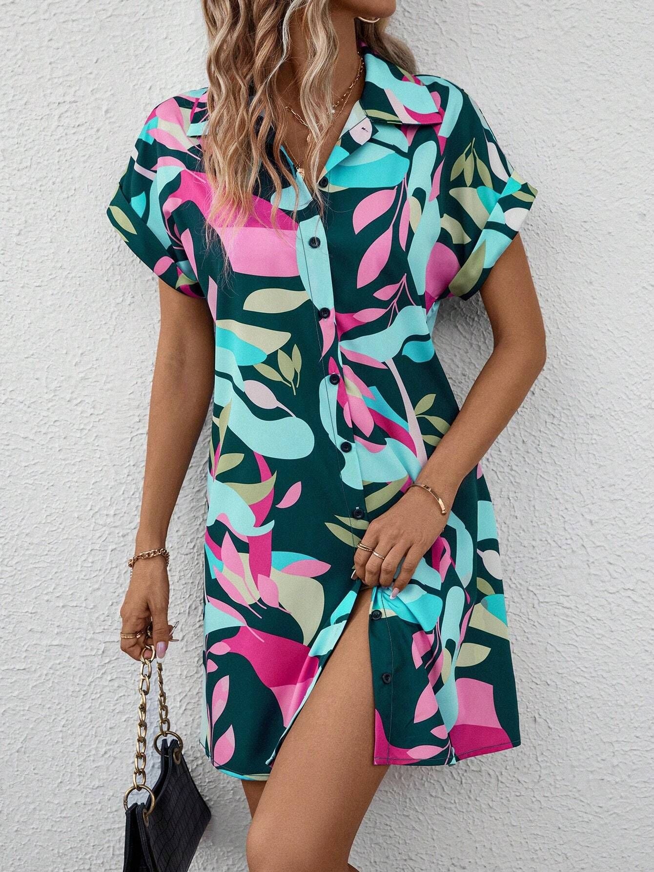 Floral Print Short Sleeve Shirt Dress