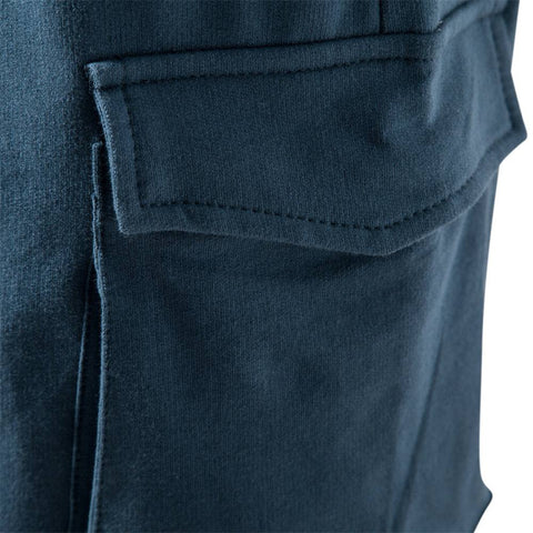 Close-up of dark blue Tether Shorts for men showcasing a front pocket detail.