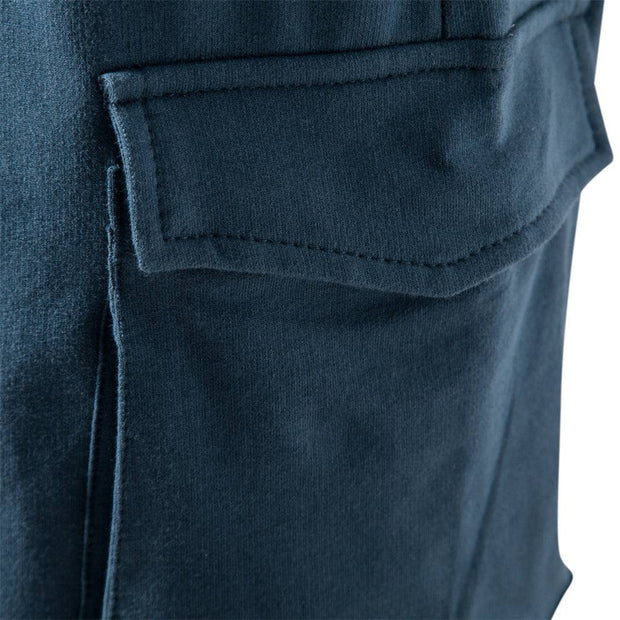 Close-up of dark blue Tether Shorts for men showcasing a front pocket detail.