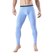 Men's cropped long johns in light blue with elastic waistband, breathable stretch cotton fabric.