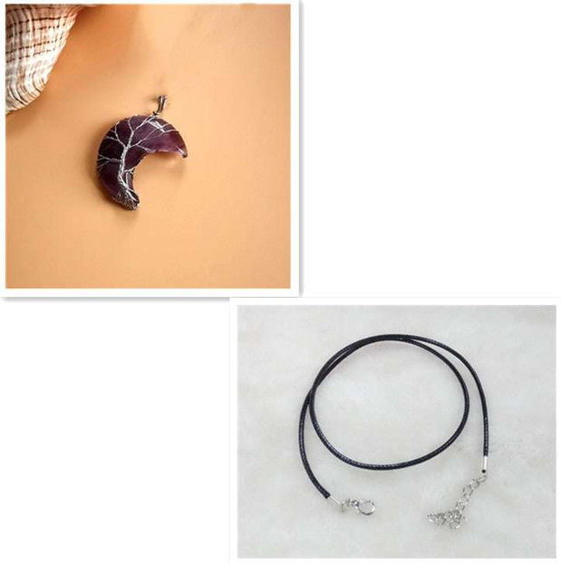 Moon Tree Of Life Necklace with crescent moon pendant and black leather rope, showcasing elegant design and symbolism.