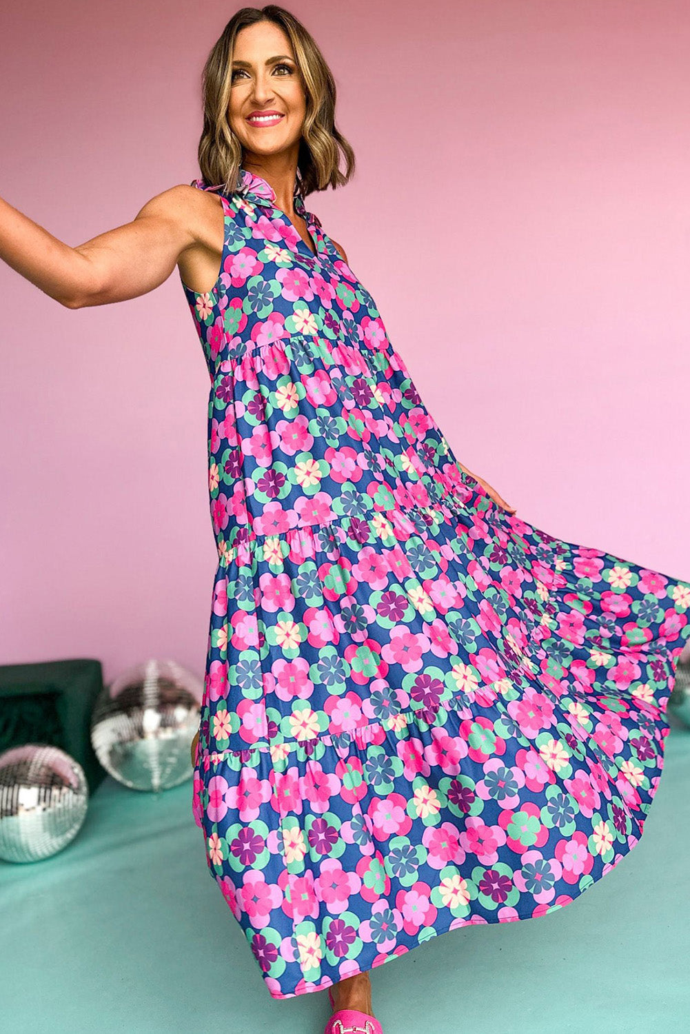 Blue 60s Flower Maxi Dress