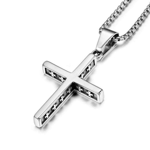 Titanium steel religious jewelry necklace with cross pendant and pearl chain.