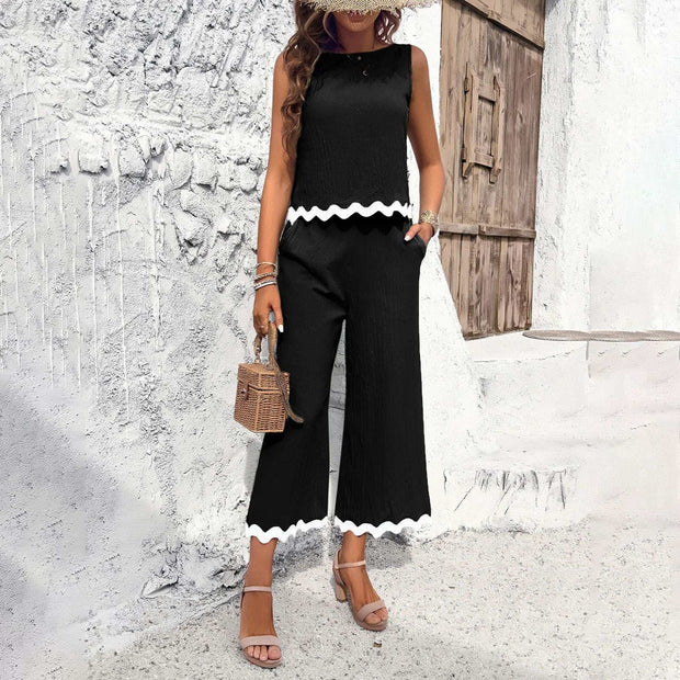 Stylish Summer Wave Print Suit with elegant wave design, perfect for beach and casual outings.