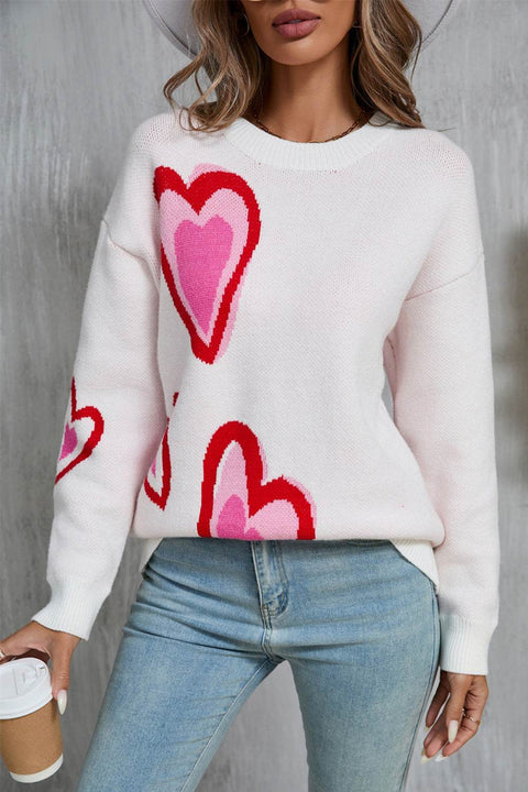 Angel Wings Heart Round Neck Sweater with heart motifs and long sleeves.