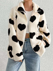 Heart Furry Zip-Up Jacket with black heart motifs, plush texture, and trendy drop shoulder design.
