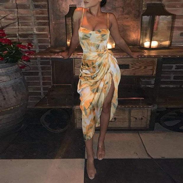 Yellow Summer Sexy Sling Dress with stylish design and vibrant print, featuring a figure-hugging silhouette and adjustable straps.