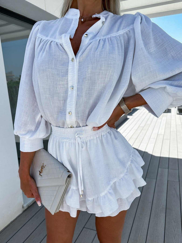 Cotton Linen Shirt Outfit in white with classic collar and button-down design, featuring breathable fabric and relaxed fit.