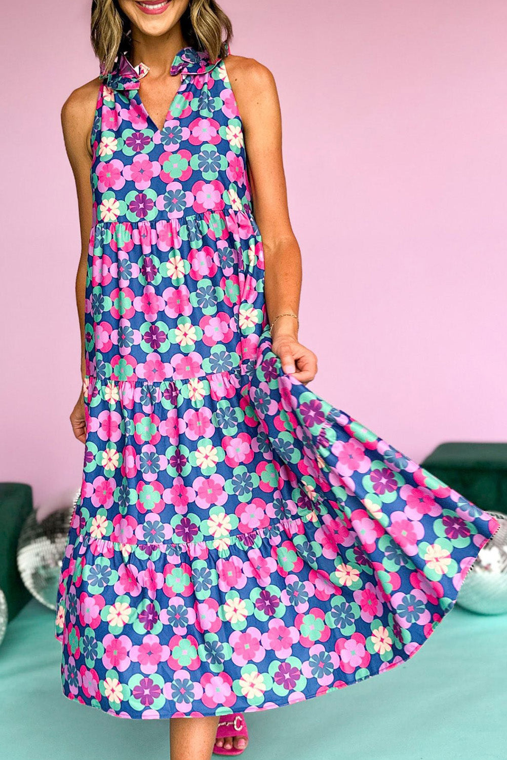 Blue 60s Flower Maxi Dress