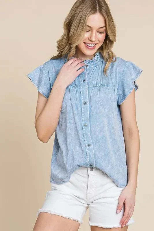 Lime N Chili Flutter Sleeve Button Down Shirt with flutter sleeves and mineral wash fabric.