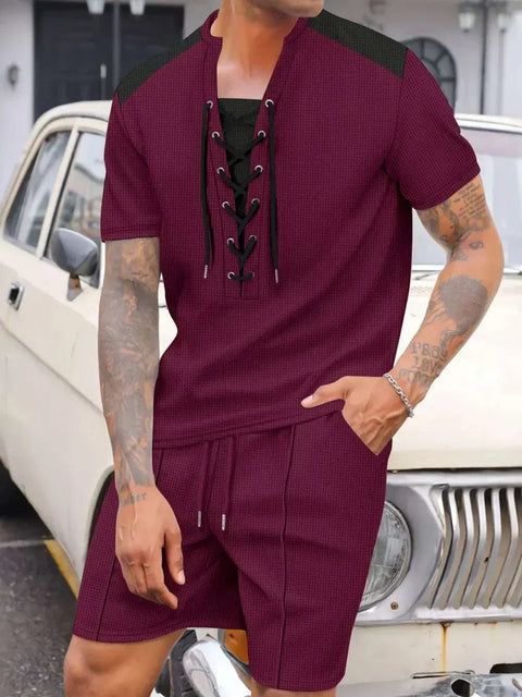 Waffle Knit Top and Shorts Set with lace-up neckline and elastic waistband, ideal for casual comfort.