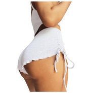 White drawstring shorts with adjustable lace-up side, polyester fabric.
