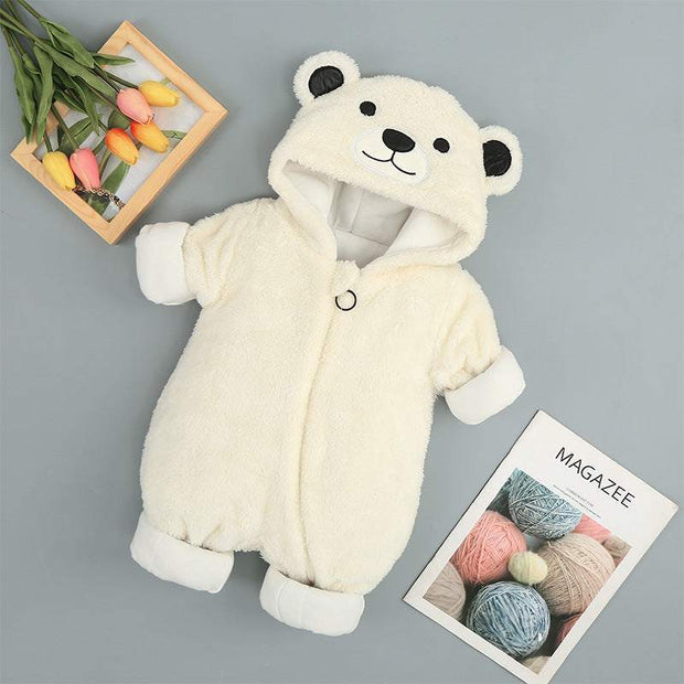 Adorable baby cotton onesie with bear design, perfect for warmth and comfort.
