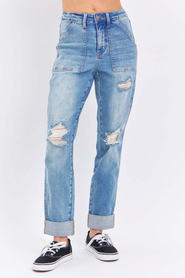 Judy Blue Distressed Straight Jeans with trendy rips and rolled cuffs.