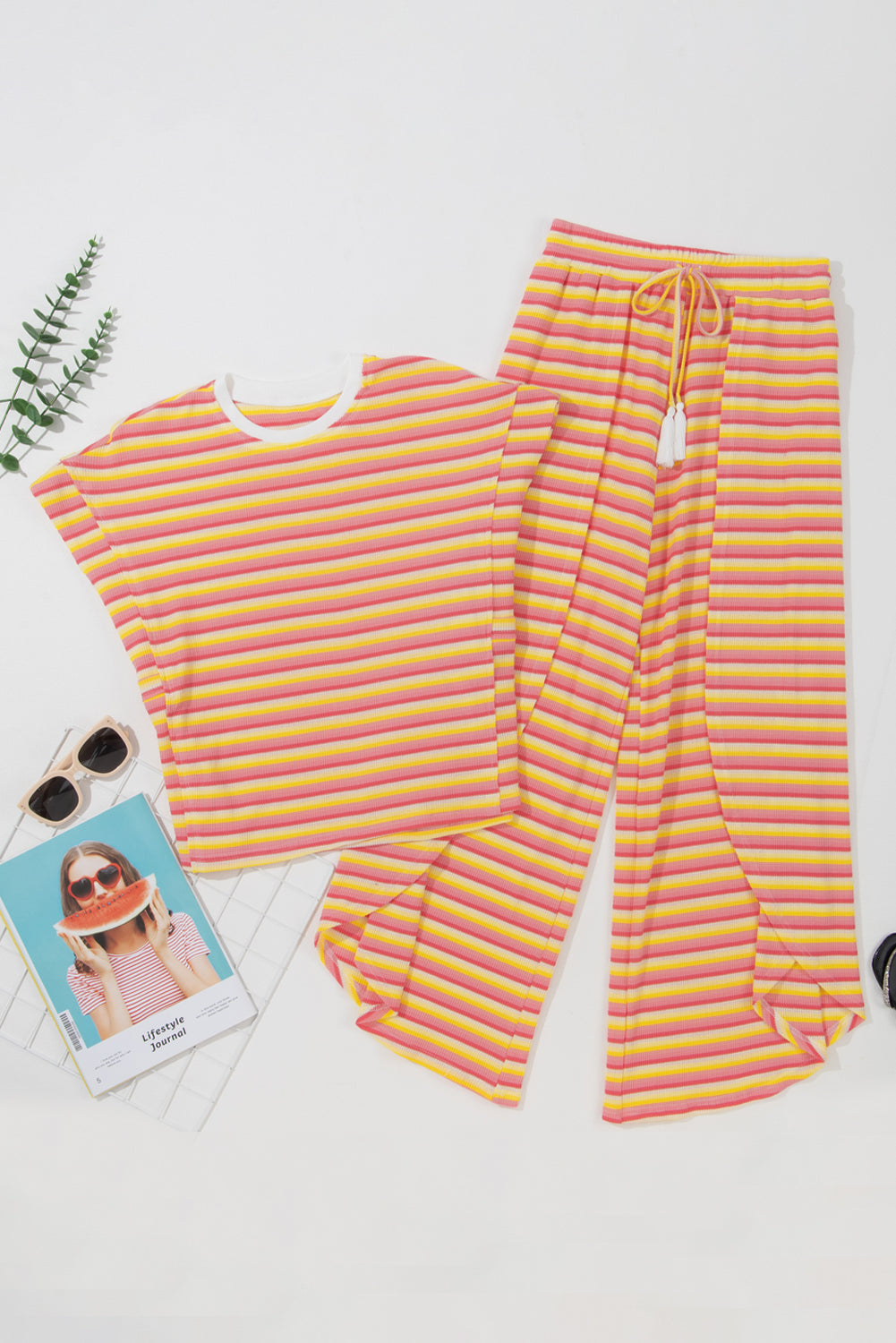 Rainbow Stripe Tee & Wide Leg Pants Set