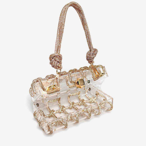 Luxurious French rhinestone square handbag with detachable chain strap in elegant design.