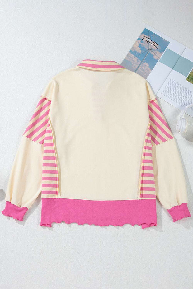 Back view of Pink Sequin Heart Collared Top with striped pink details on sleeves and pink hem.